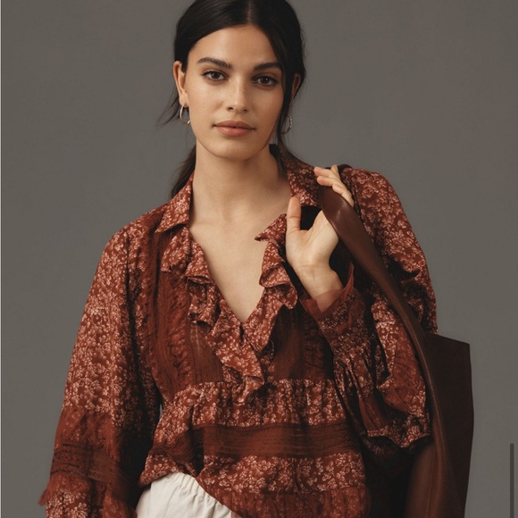 Ruffled Brown Blouse with Voluminous Sleeves - Picture 1 of 5